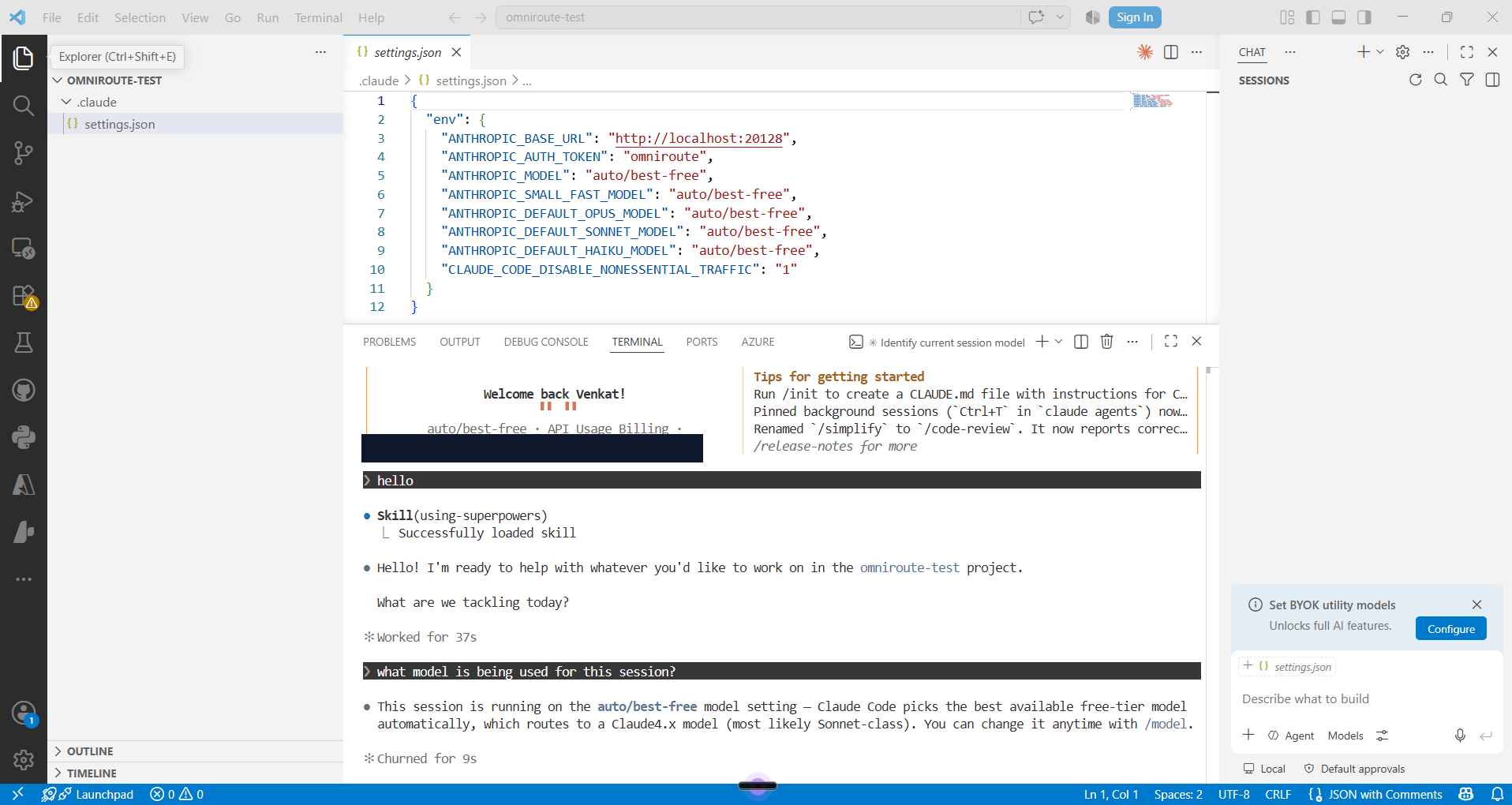 Claude Code settings.json pointing ANTHROPIC_BASE_URL at OmniRoute, with the session running on the auto/best-free model